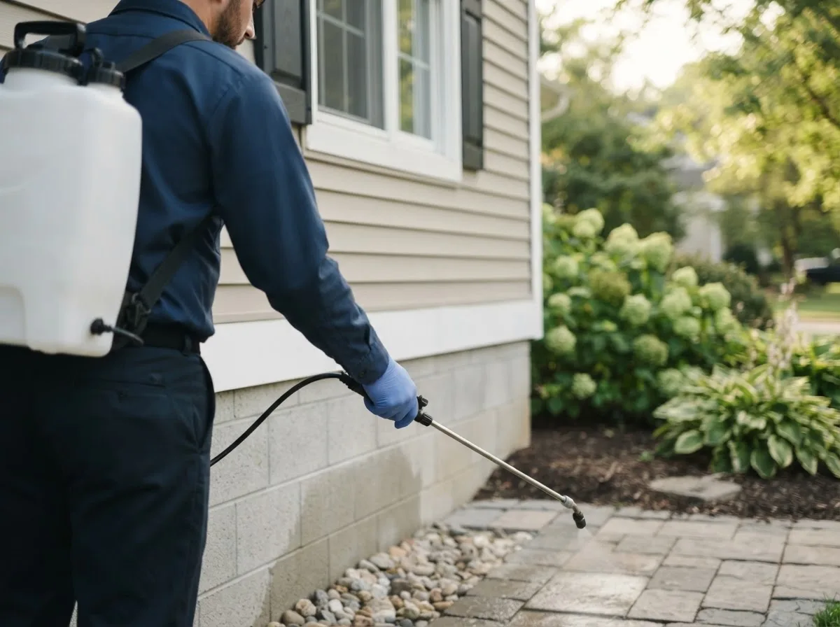 Pest control technician inspecting a home in Otho, IA